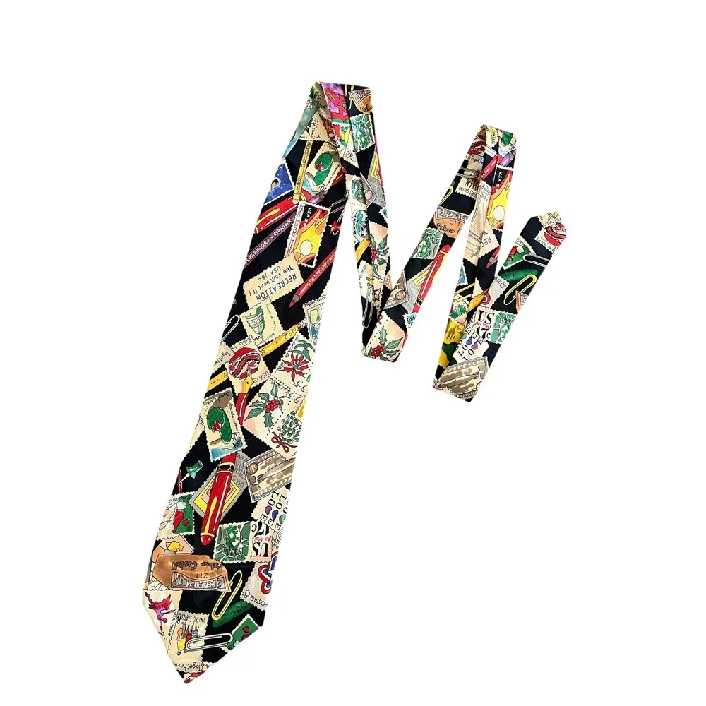 NICOLE MILLER VINTAGE 90s Novelty Print US Postage Stamp Silk Tie